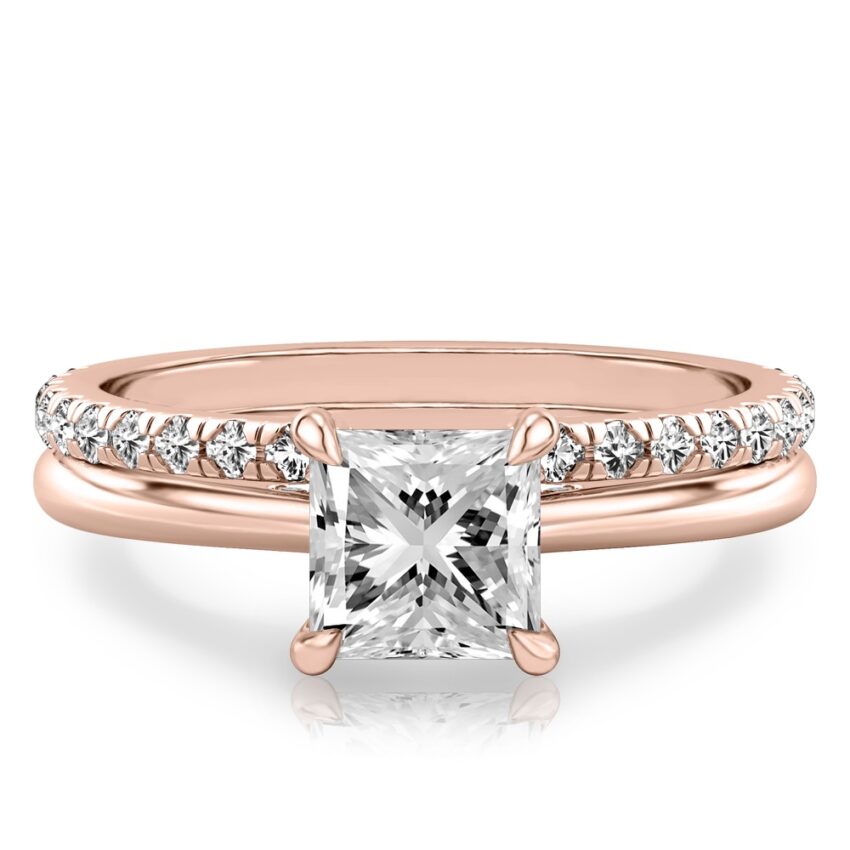 princess cut diamond pave bridge engagement ring set rose gold