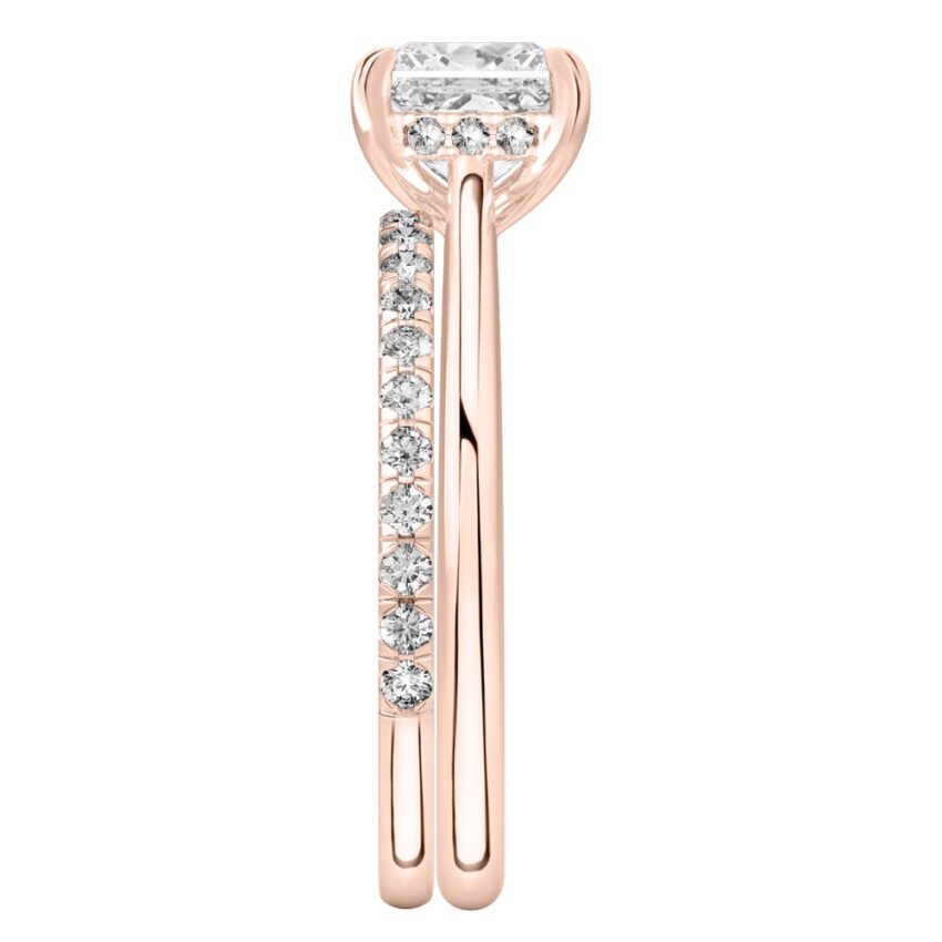 Side view of princess cut diamond pave bridge engagement ring set rose gold