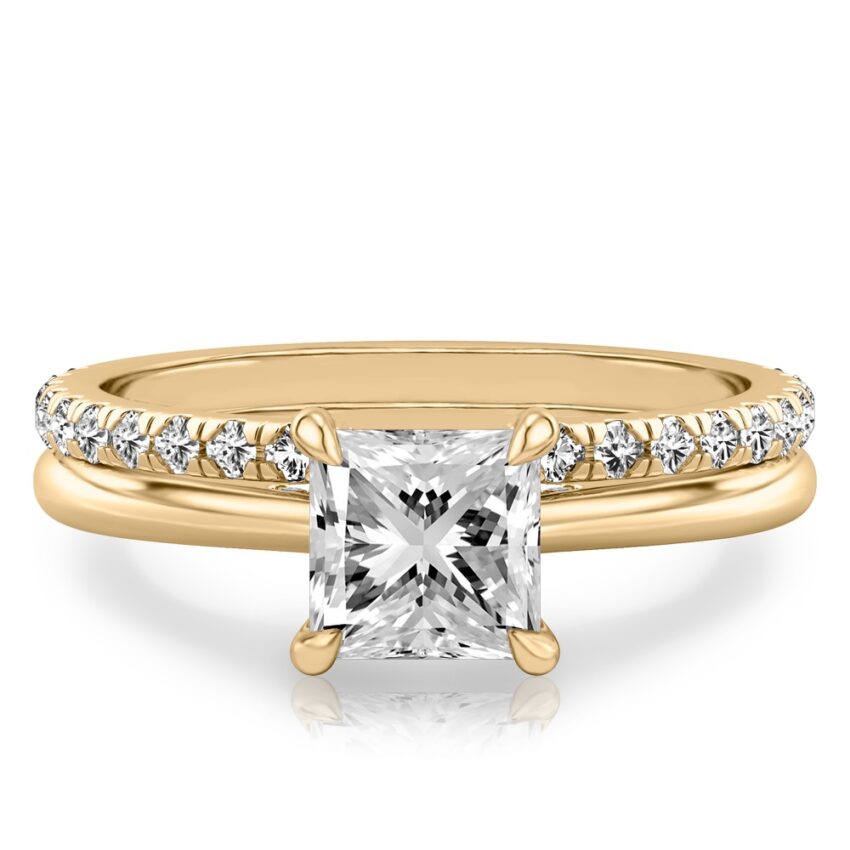 princess cut diamond pave bridge engagement ring set yellow gold