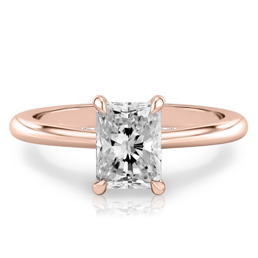 radiant cut diamond pave bridge engagement ring in rose gold