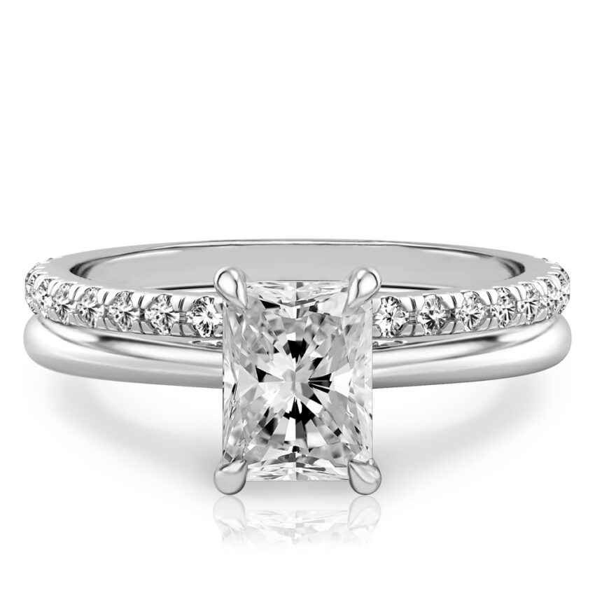 radiant cut diamond pave bridge engagement ring set platinum