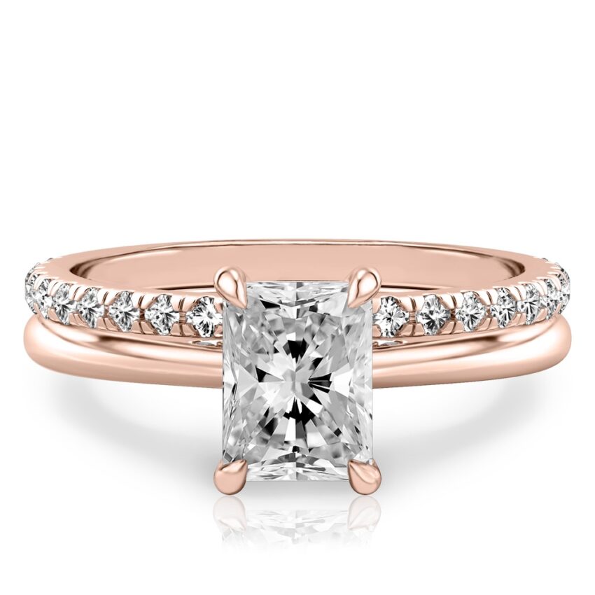 radiant cut diamond pave bridge engagement ring set rose gold
