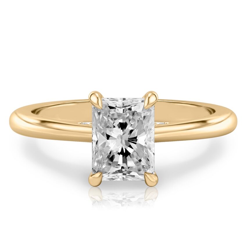 radiant cut diamond pave bridge engagement ring in yellow gold