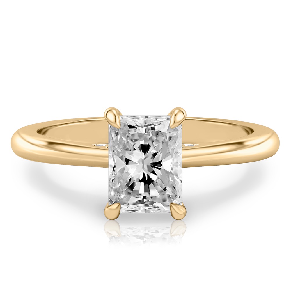 radiant cut diamond pave bridge engagement ring in yellow gold