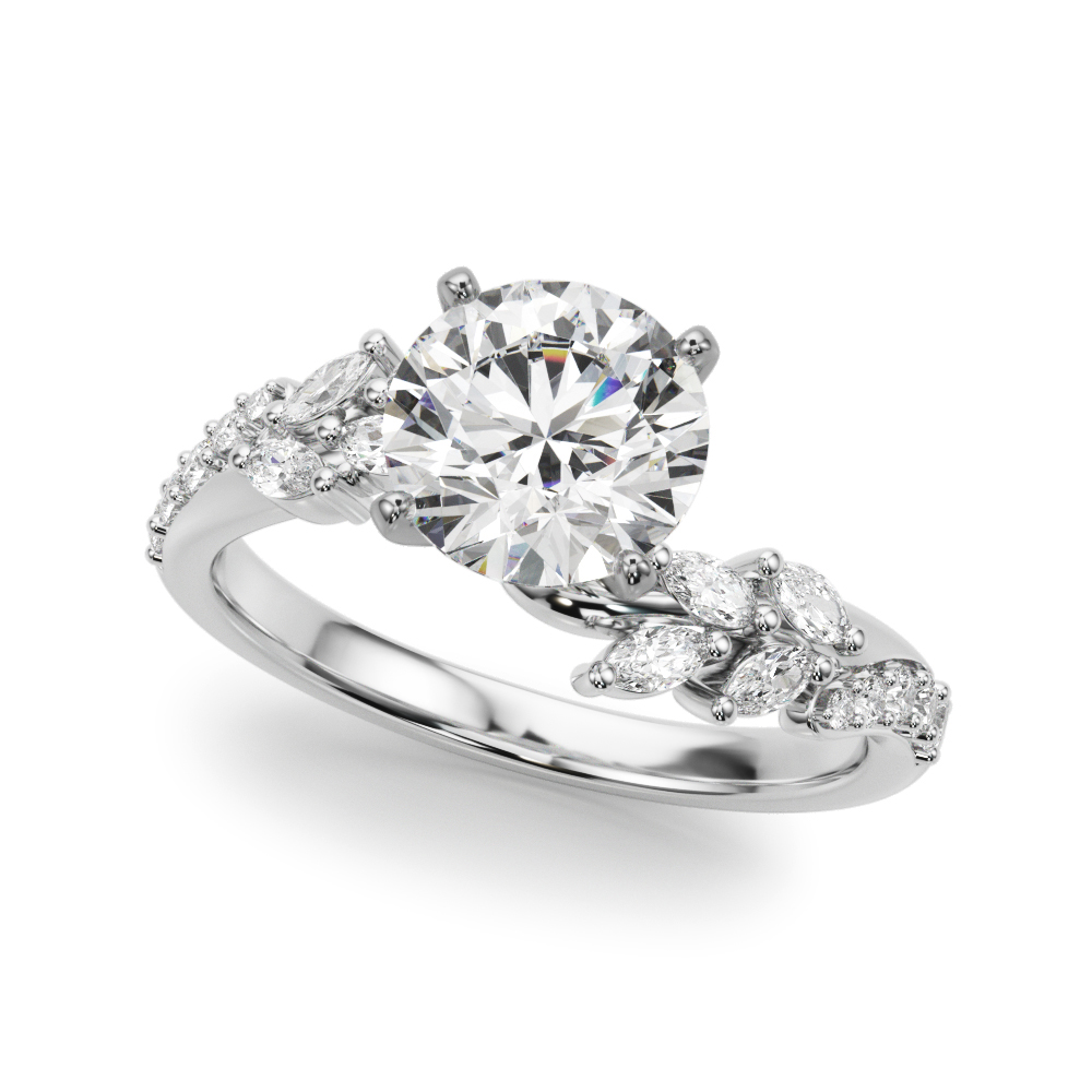 Angle view of round cut diamond bypass nature inspired engagement ring in palladium