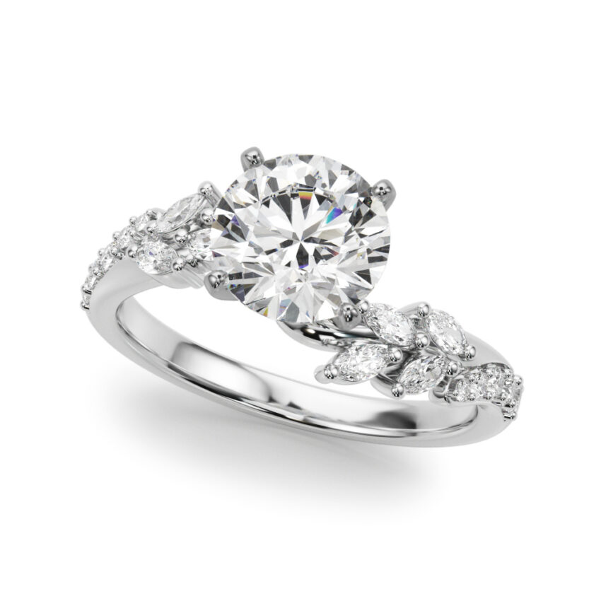Angle view of round cut diamond bypass nature inspired engagement ring in platinum