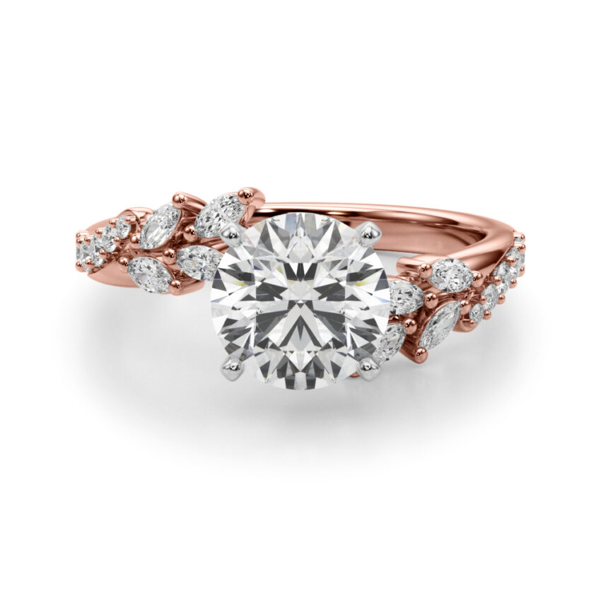 round cut diamond bypass nature inspired engagement ring in rose gold