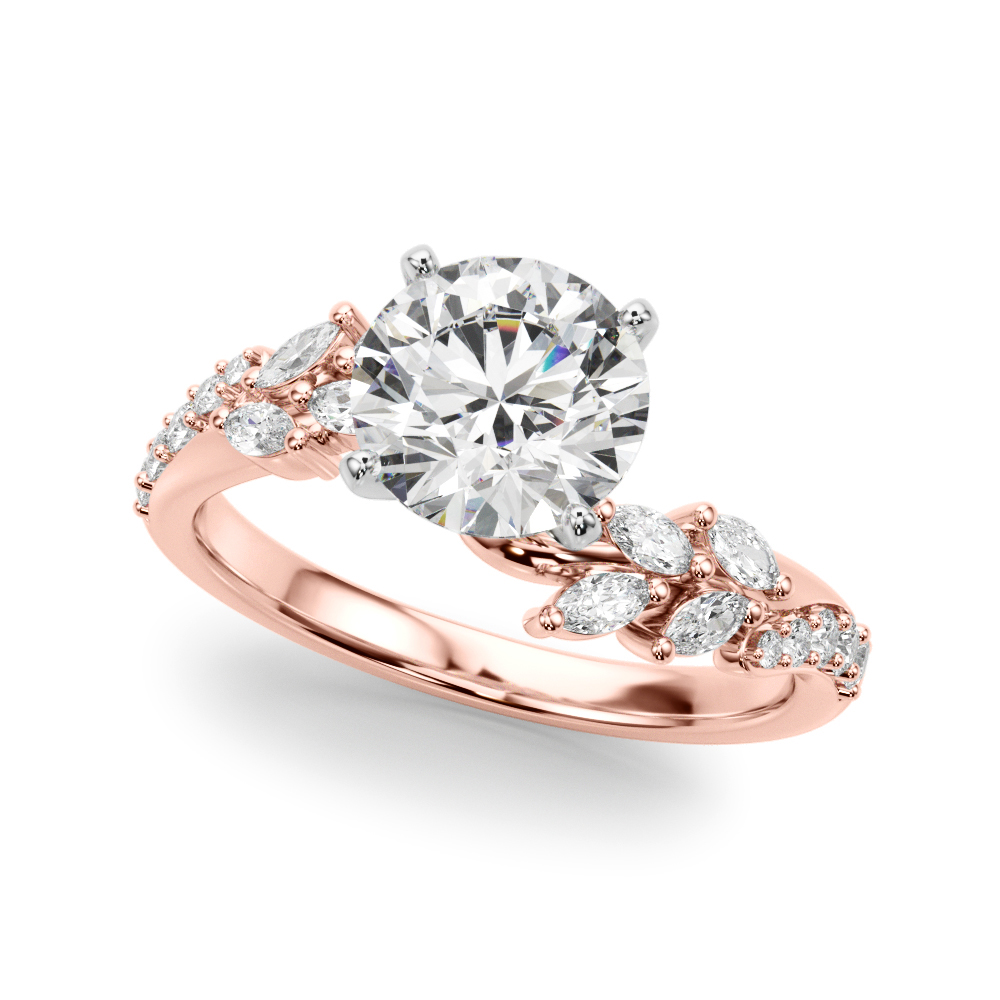Angle view of round cut diamond bypass nature inspired engagement ring in rose gold