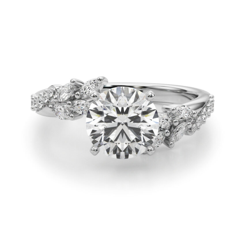 round cut diamond bypass nature inspired engagement ring in white gold