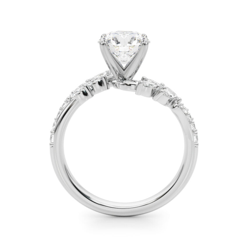 Side view of round cut diamond bypass nature inspired engagement ring in white gold
