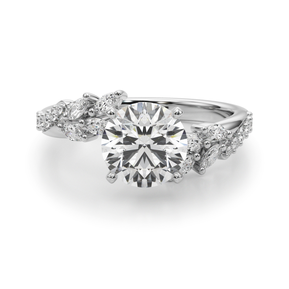 round cut diamond bypass nature inspired engagement ring in white gold