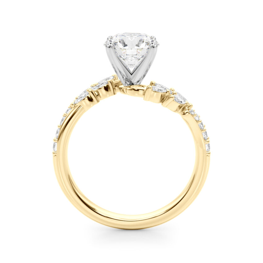Side view of round cut diamond bypass nature inspired engagement ring in yellow gold