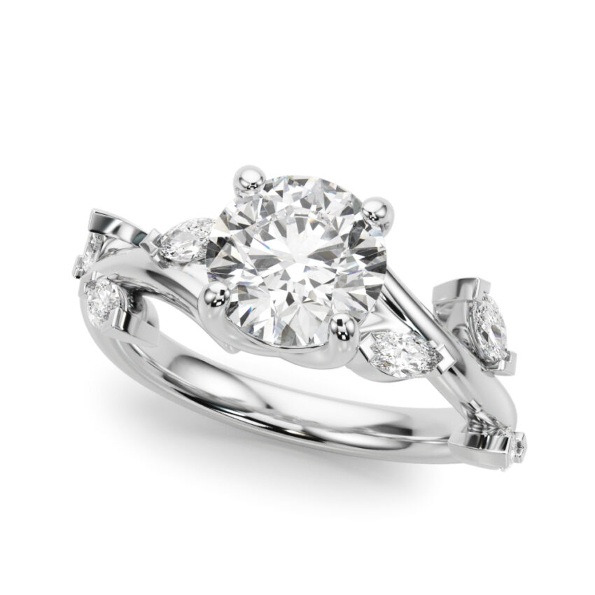 Angle view of round cut diamond marquise leaf engagement ring in palladium