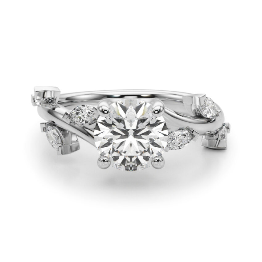 round cut diamond marquise leaf engagement ring in platinum