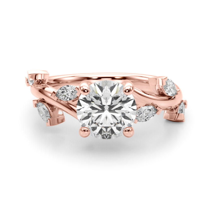 round cut diamond marquise leaf engagement ring in rose gold
