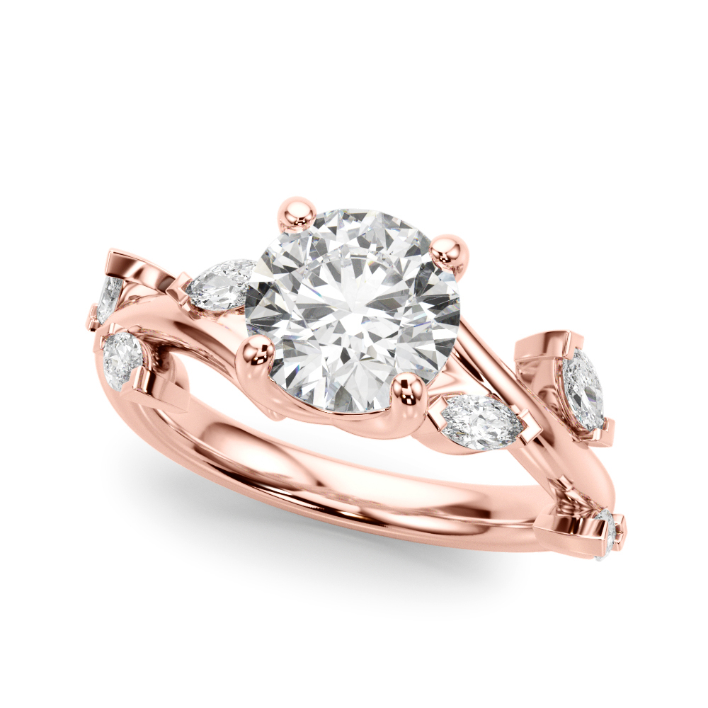 Angle view of round cut diamond marquise leaf engagement ring in rose gold