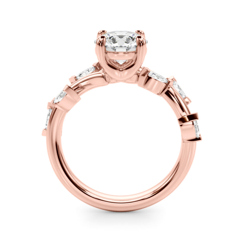 Side view of round cut diamond marquise leaf engagement ring in rose gold