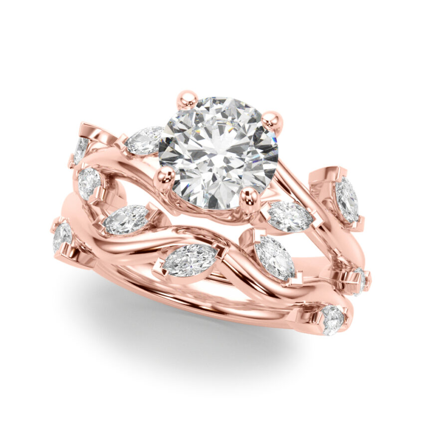 round cut diamond marquise leaf engagement ring set rose gold