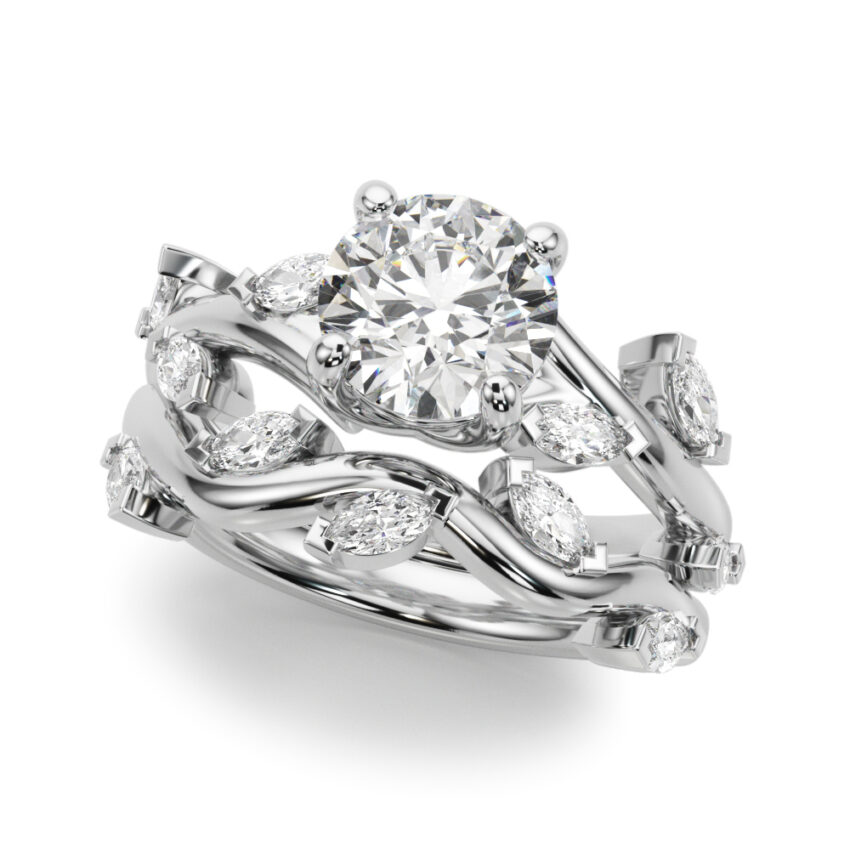 round cut diamond marquise leaf engagement ring set white gold
