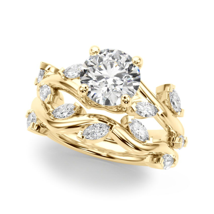 round cut diamond marquise leaf engagement ring set yellow gold