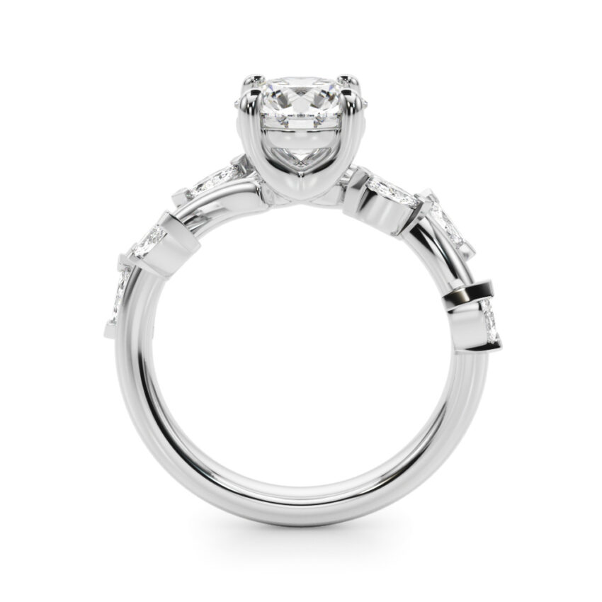 Side view of round cut diamond marquise leaf engagement ring in white gold