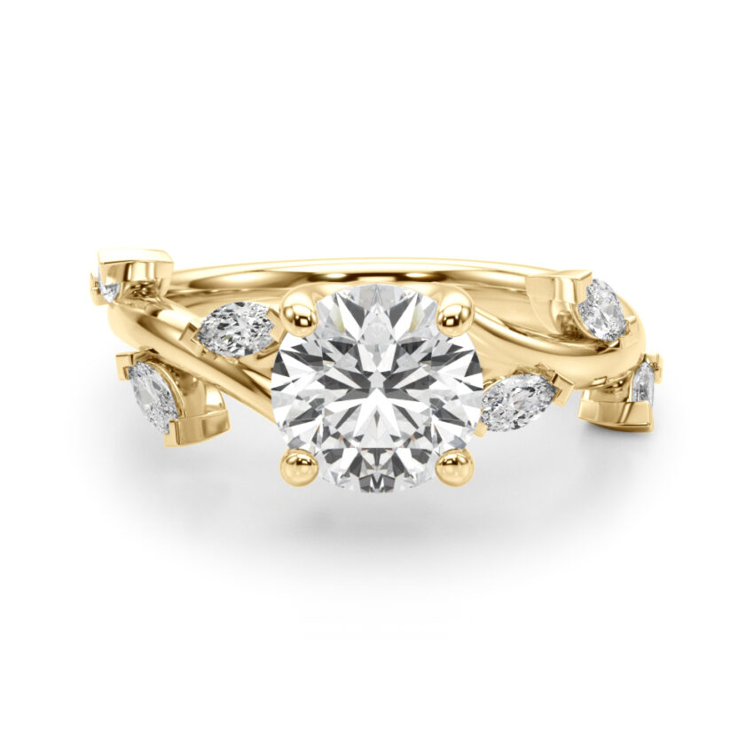 round cut diamond marquise leaf engagement ring in yellow gold