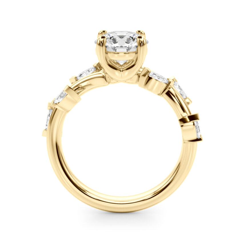 Side view of round cut diamond marquise leaf engagement ring in yellow gold