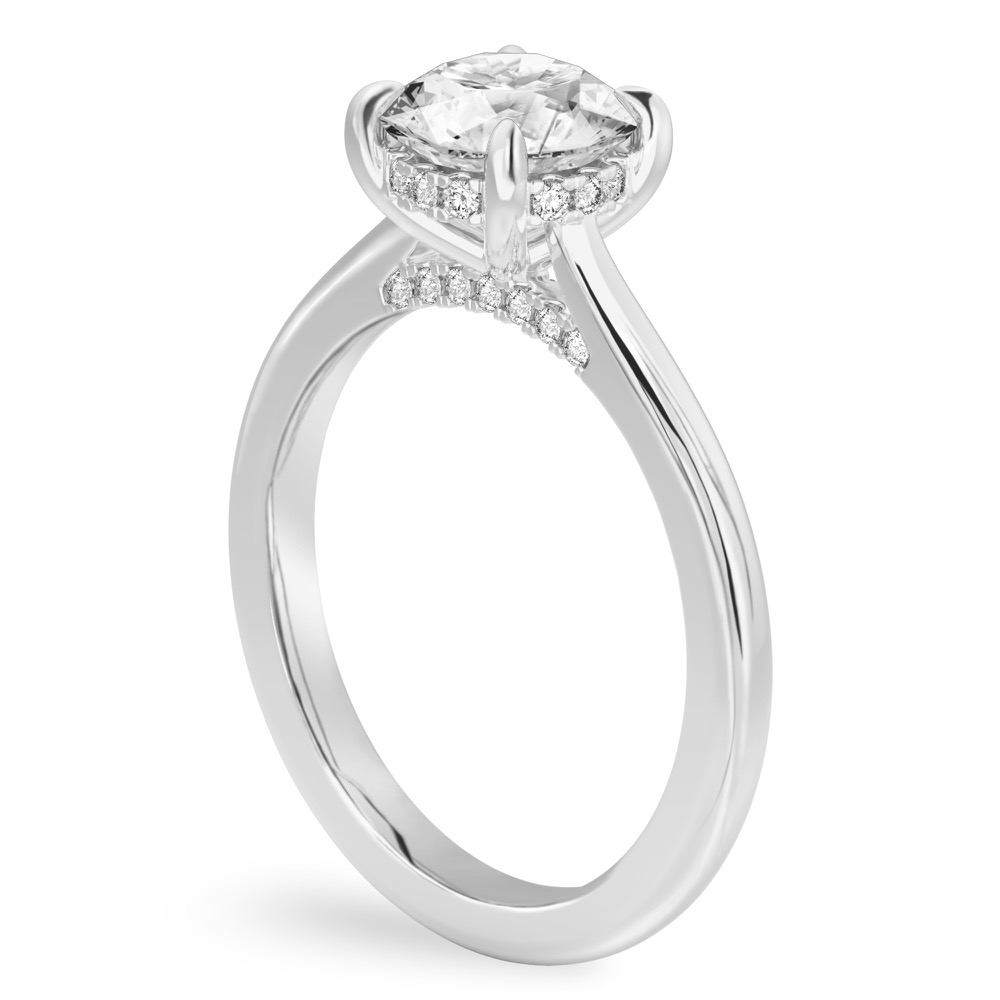 Angle view of round cut diamond pave bridge engagement ring in palladium