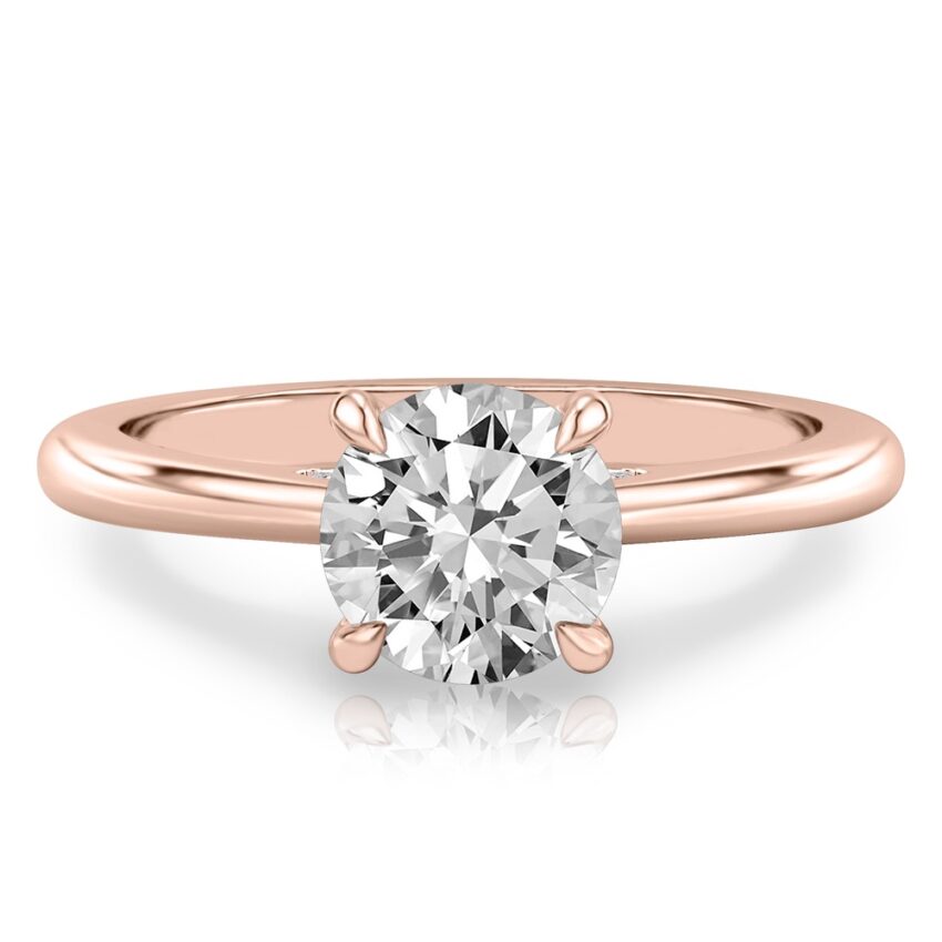 round cut diamond pave bridge engagement ring in rose gold
