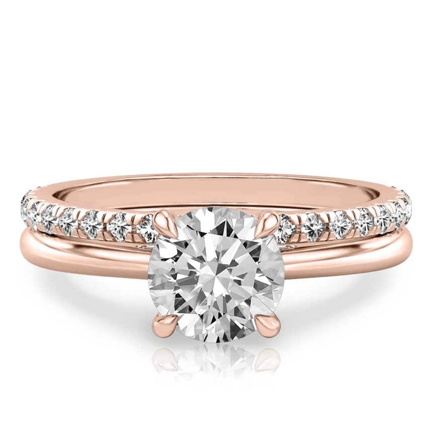 round cut diamond pave bridge engagement ring set rose gold