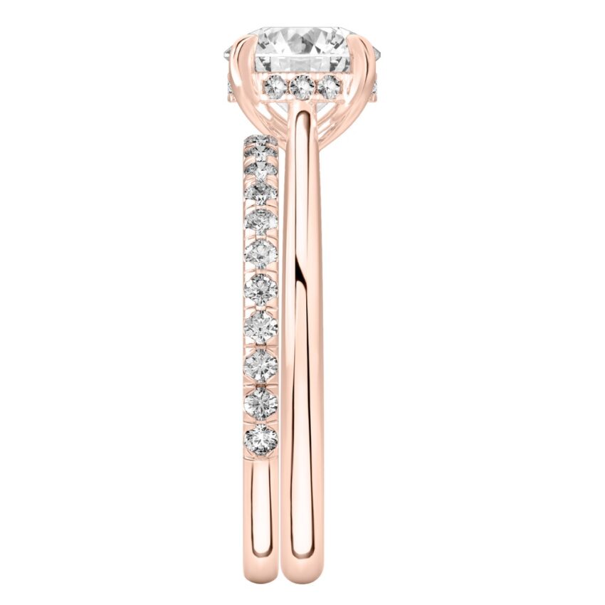 Side view of round cut diamond pave bridge engagement ring set rose gold