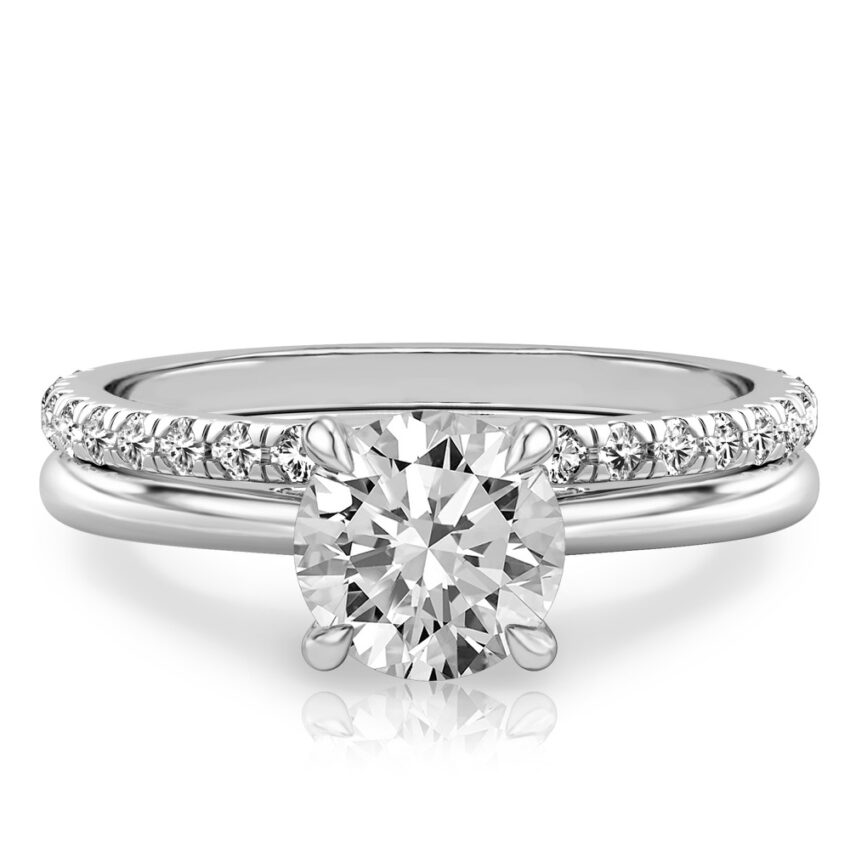 round cut diamond pave bridge engagement ring set white gold