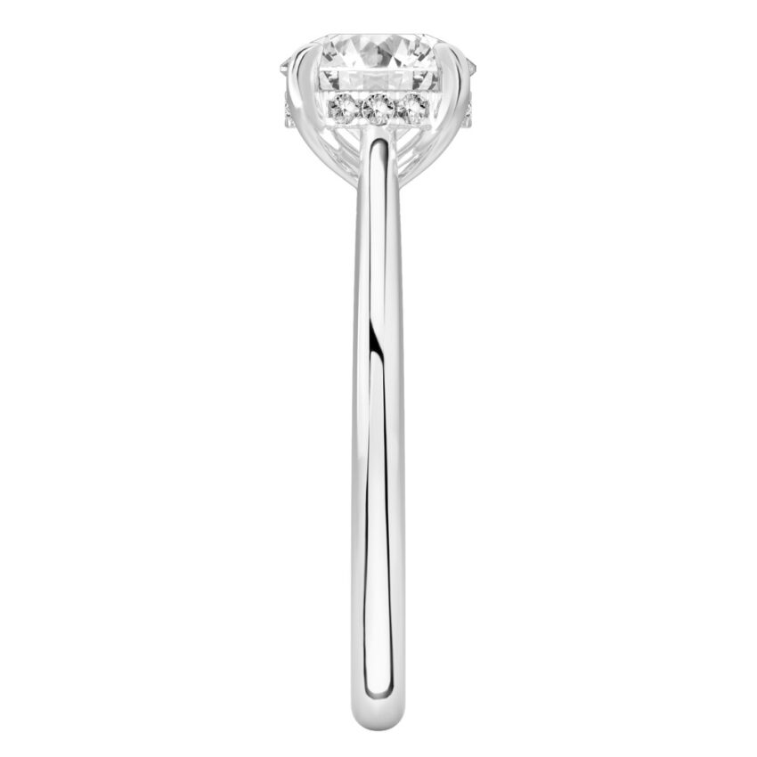 Side view of round cut diamond pave bridge engagement ring in white gold