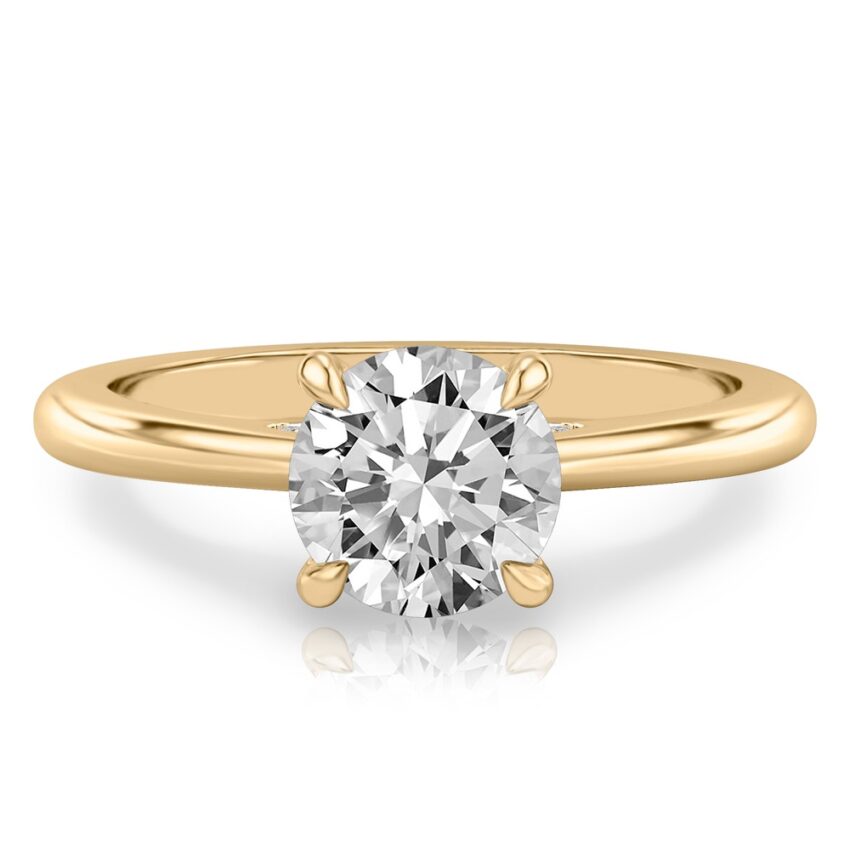 round cut diamond pave bridge engagement ring in yellow gold