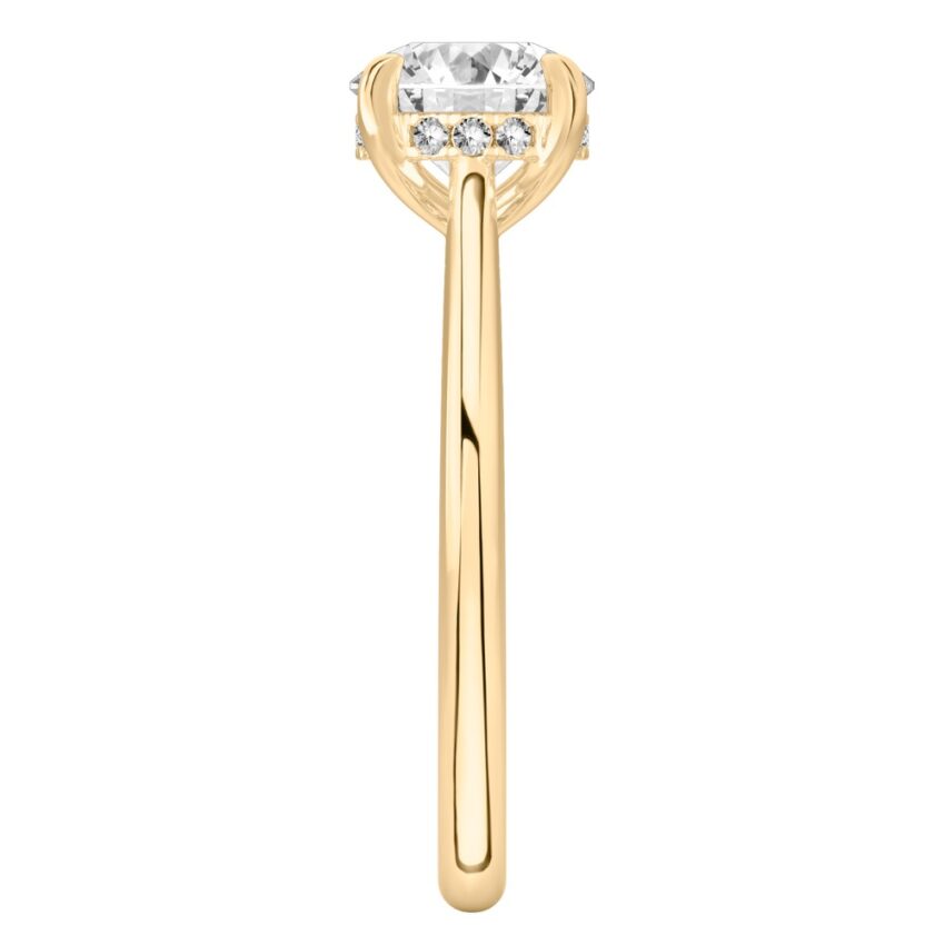 Side view of round cut diamond pave bridge engagement ring in yellow gold
