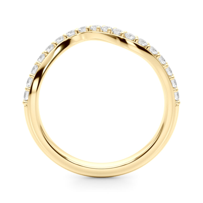 Side view of wave pave diamond band yellow gold