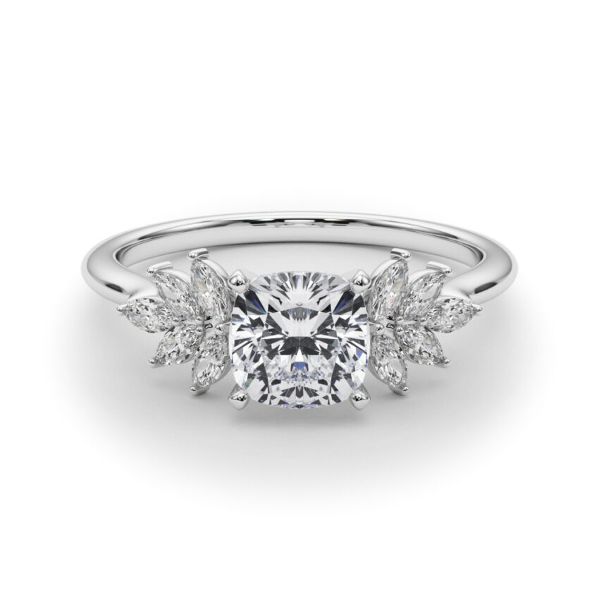 Side view of cushion cut diamond nature inspired marquise stone engagement ring in platinum