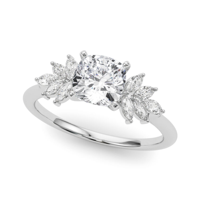 Angle view of Side view of cushion cut diamond nature inspired marquise stone engagement ring in platinum