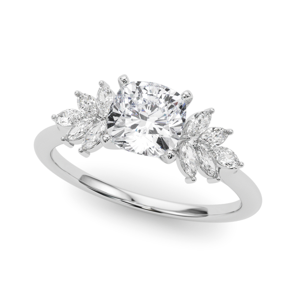 Angle view of Side view of cushion cut diamond nature inspired marquise stone engagement ring in platinum