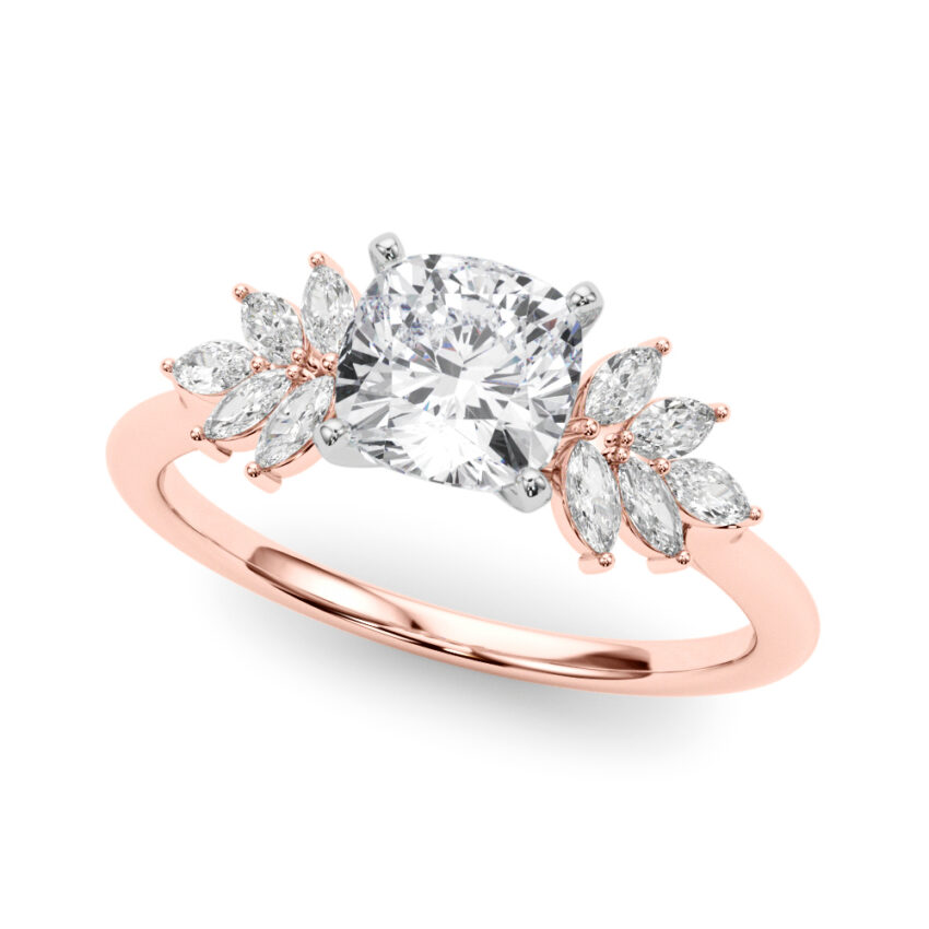 Angle view of Side view of cushion cut diamond nature inspired marquise stone engagement ring in rose gold