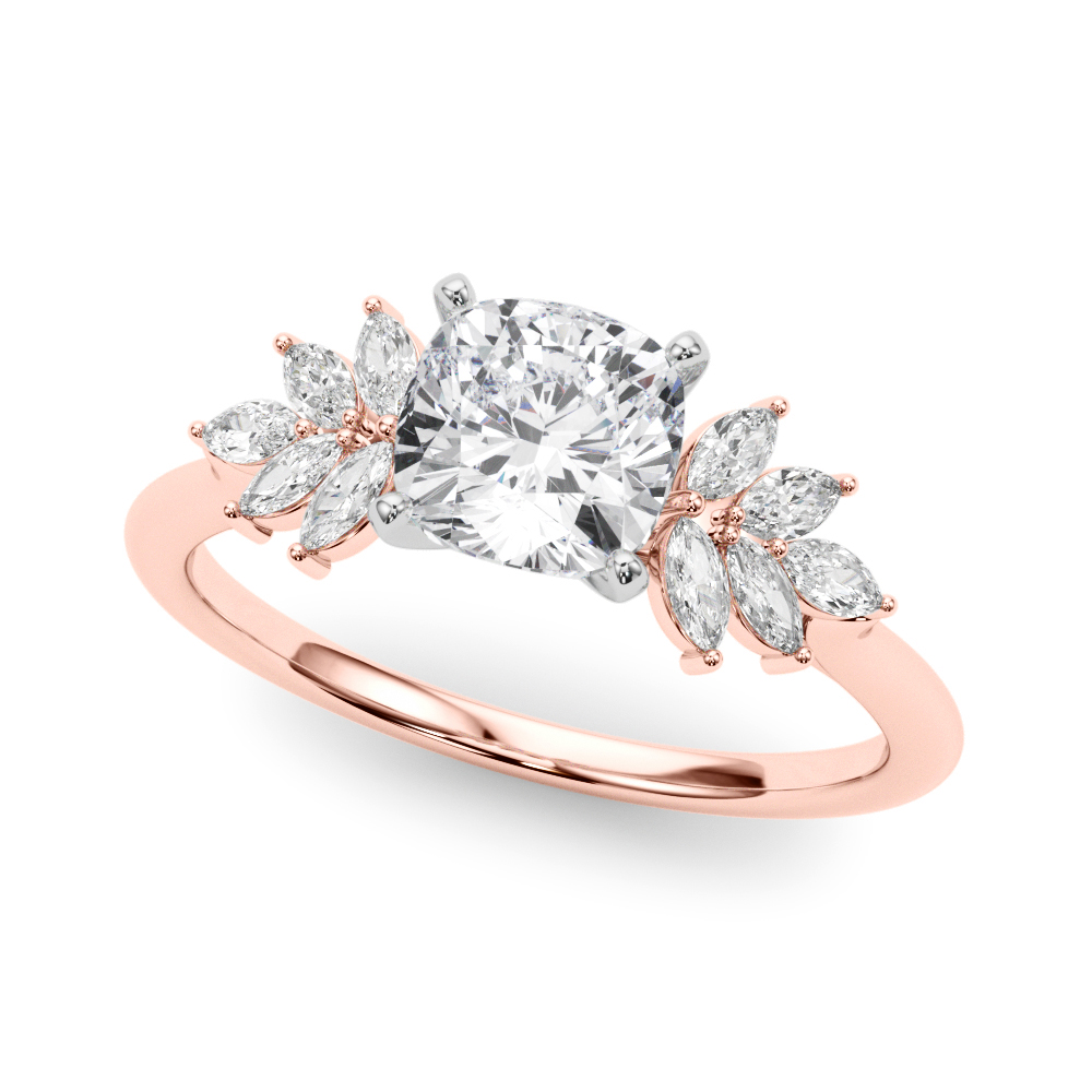 Angle view of Side view of cushion cut diamond nature inspired marquise stone engagement ring in rose gold
