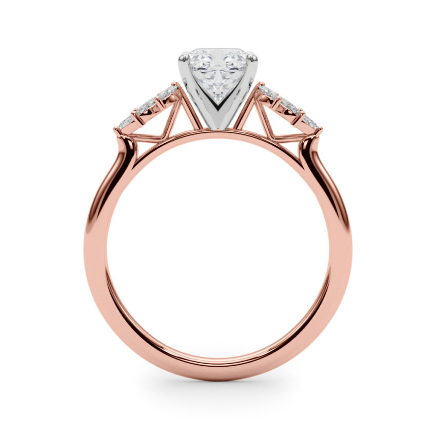 Side view of cushion cut diamond nature inspired marquise stone engagement ring in rose gold