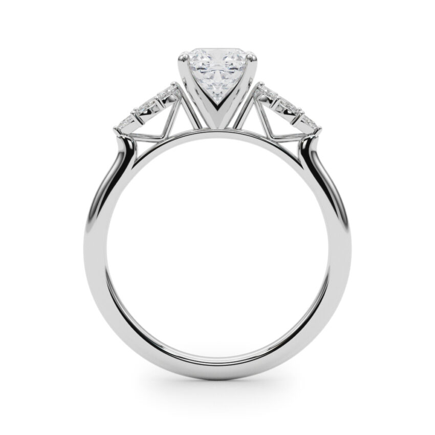 Side view of cushion cut diamond nature inspired marquise stone engagement ring in white gold