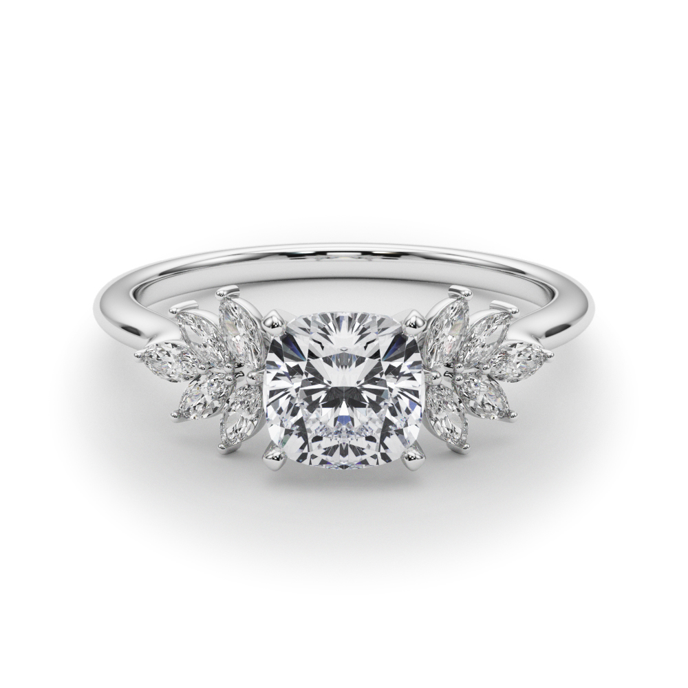 Side view of cushion cut diamond nature inspired marquise stone engagement ring in white gold