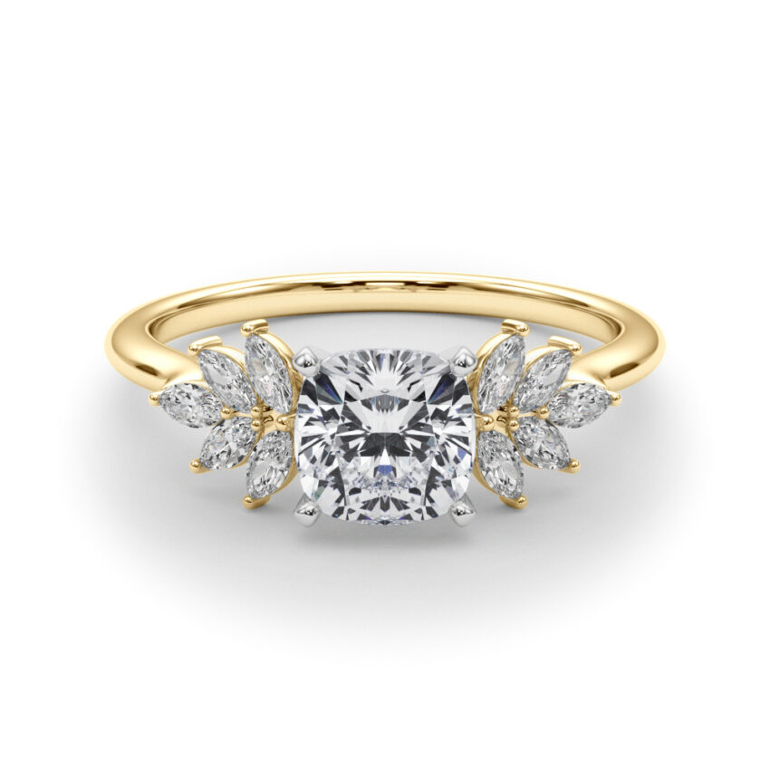 Side view of cushion cut diamond nature inspired marquise stone engagement ring in yellow gold