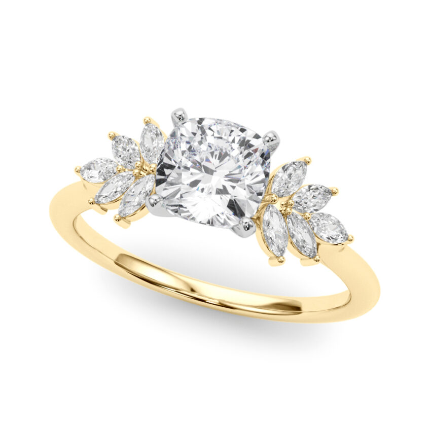 Angle view of Side view of cushion cut diamond nature inspired marquise stone engagement ring in yellow gold