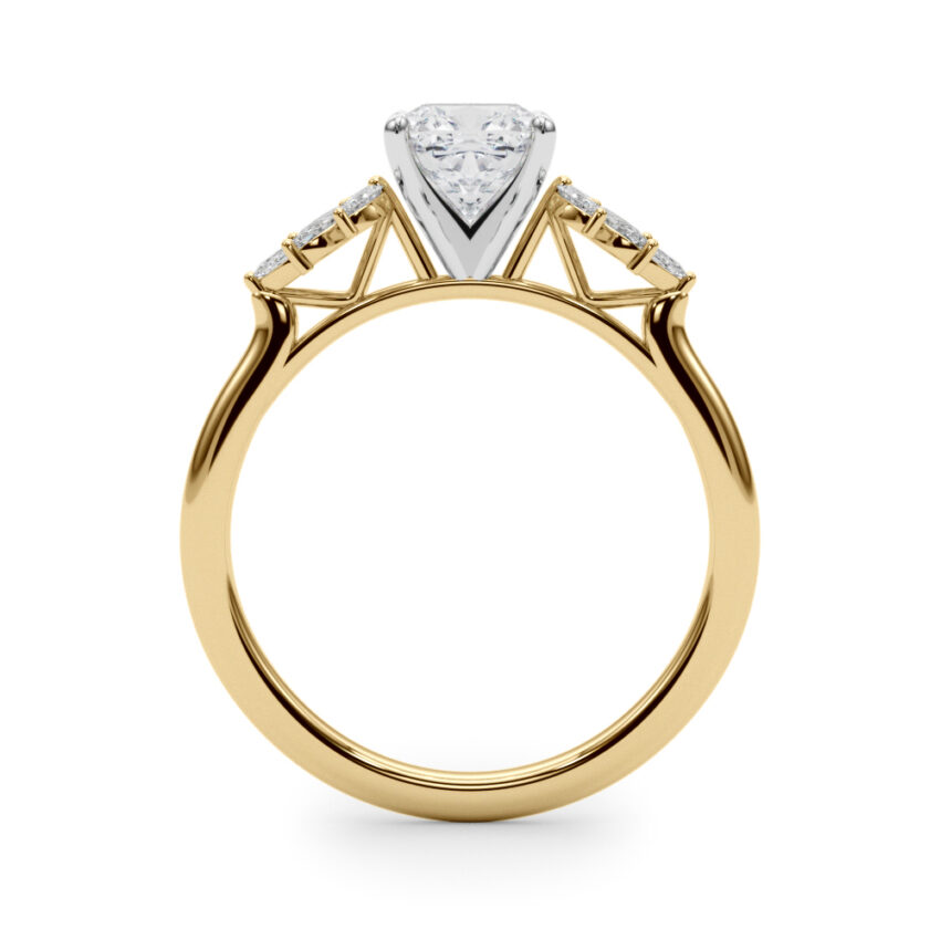 Side view of cushion cut diamond nature inspired marquise stone engagement ring in yellow gold
