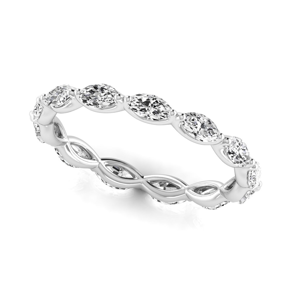 Angle view of east west 2mm marquise diamond eternity band platinum