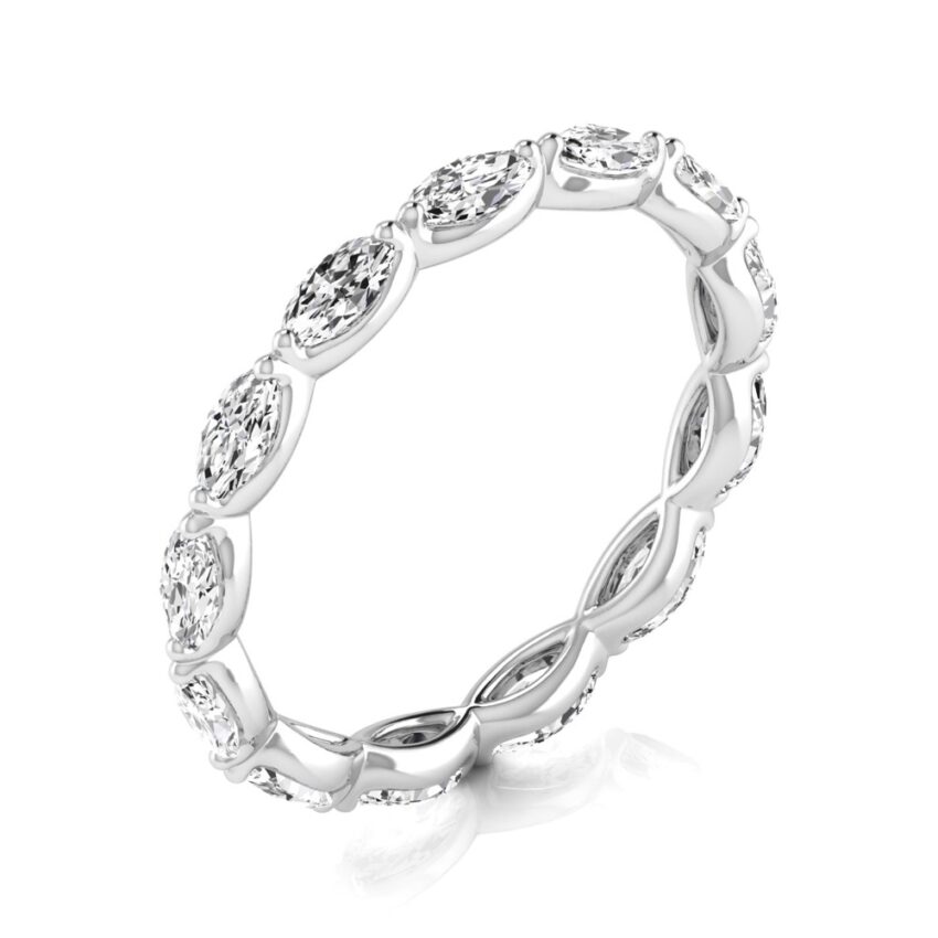 Side view of east west 2mm marquise diamond eternity band white gold