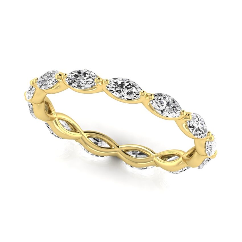 Angle view of east west 2mm marquise diamond eternity band yellow gold